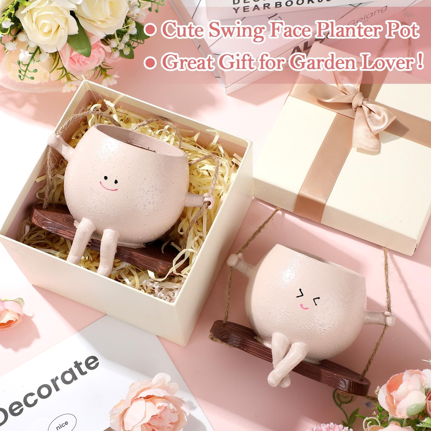 Suclain 2 Pcs Swinging Planter Pots Funny Planters Hanging Cute Planters for Women Gift Indoor Outdoor Resin Smile Faces with Drainage Holes Succulent Pot String of Pearls Plant Flower