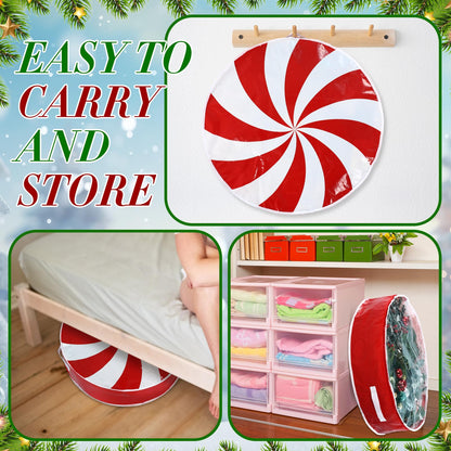 Yoojahow 4 Pcs 24 Inch Christmas Wreath Storage Bag Candy Cane Wreath Storage Container Clear Window Dual Zipper Handle Red White Peppermint Garland Organizer for Holiday Decoration, Cute Lollipop