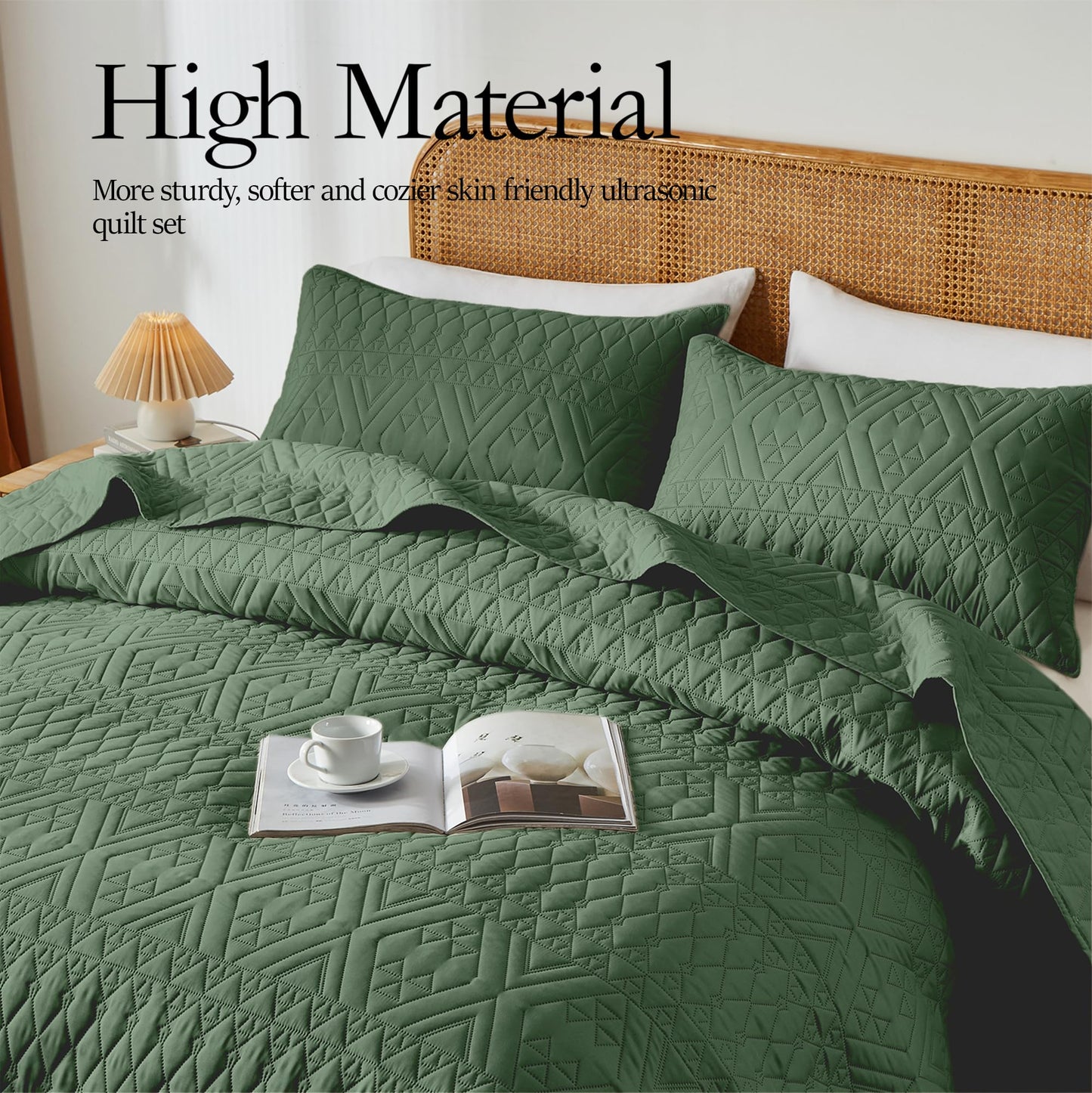 akkialla Full/Queen Size Quilt Bedding Set,Green Lightweight Microfiber Soft Bedspread,Modern Style Geoetric Pattern Coverlet Set for All Seasons,3 Piece(1 Quilt,2 Pillow Shams)
