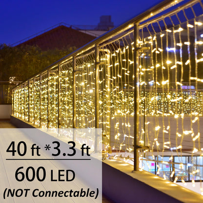 Solhice LED Curtain Lights Outside 40ft x 3ft for Backyard, 600 LED Plug in Hanging Fence String Lights Outdoor Waterproof for Backdrop Backyard Patio Deck Décor (Not Connectable)