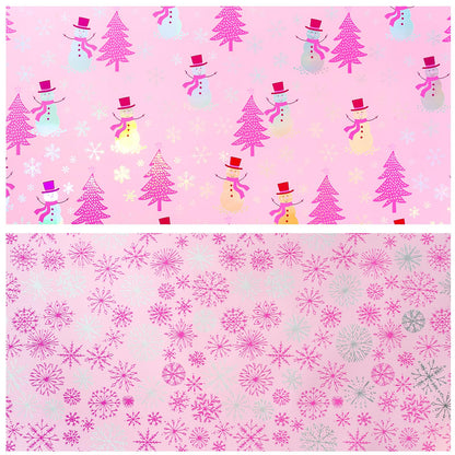 LeZakaa Christmas Pink Wrapping Paper Mini Roll, Snowman Christmas Tree & Snowflake Metallic Foil, Rose Gold Foil Reversible Design for Festive Winter Holiday, Family Gathering, 17 inches x 32.8 Feet