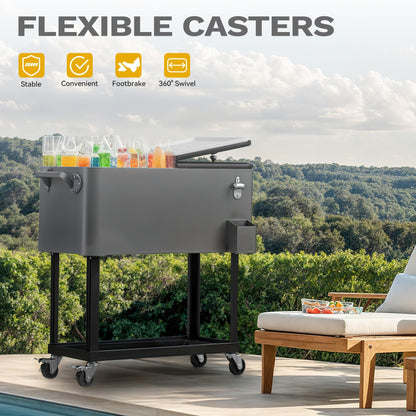 DWVO Ice Chest with Wheels,80 Quart Rolling Cooler with Bottle Opener Drainage, Patio Cooler Cart, Rolling Ice Chest with Handle for Patio Pool Deck Party BBQ Cookouts(Grey)