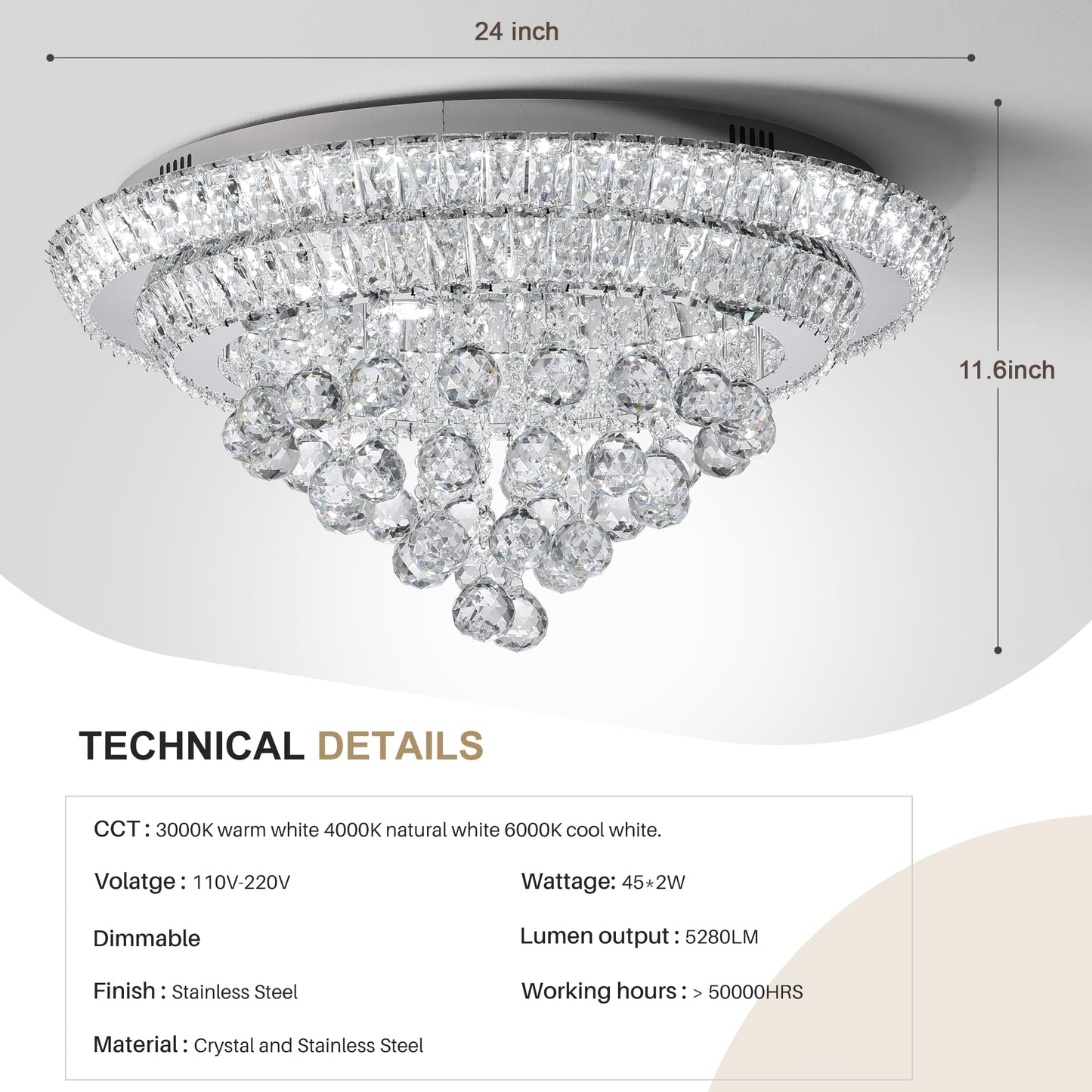 COCOSTAR 24" Crystal Chandeliers, Flush Mount Chandelier LED Ceiling Light, Modern Crystal Raindrop Chandeliers for Dining Room, Living Room, Bedroom