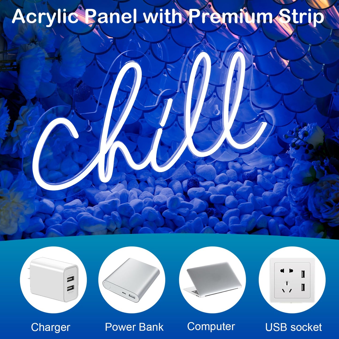 Wanxing Chill Neon Sign Blue Led Sign Chill Neon Wall Sign 14'' x 7'' Led Word Lights for Wall Decor Neon Light for Bedroom USB Powered Switch Light up Sign for Bar Hotel Game Room