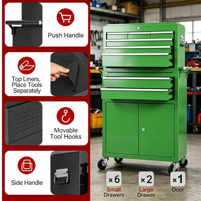 Heavy Duty 8 Drawer Tool Chest, Rolling Tool Box Cabinet on Wheels, 2-in-1 Detachable Metal Tool Storage Organizer for Garage and Workshop, Locking Steel Tool Cart with Portable Top Tool Box, Green