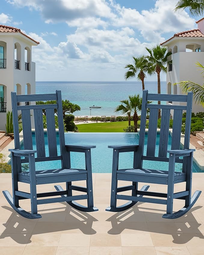 KINGYES Oversized Outdoor Rocking Chair, All-Weather Patio Rocking Chairs for Porch, HDPE Outdoor Patio Rockers with High Back & Wide Seat for Garden, Lawn, Blue