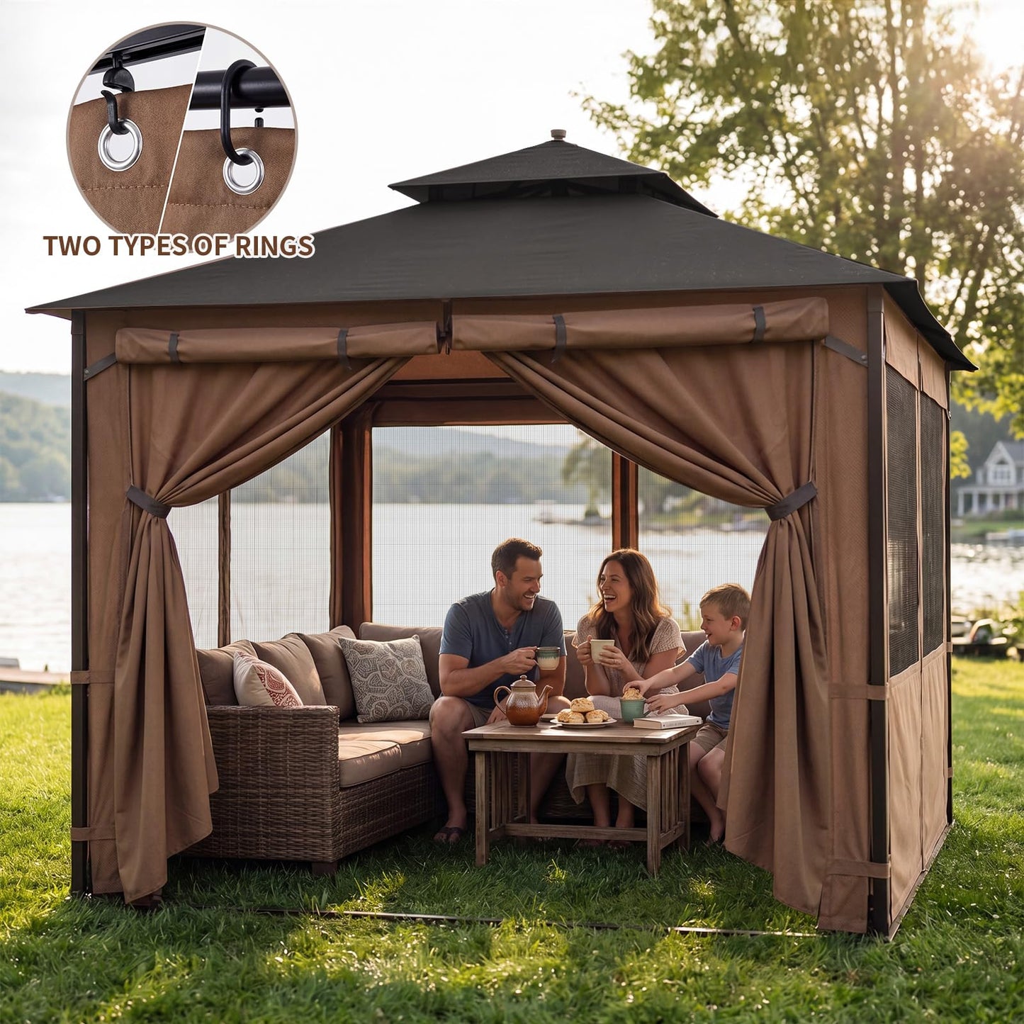 Batiyeer Gazebo Privacy Curtains 10' x 10' Outdoor Gazebo Curtains Waterproof with Mosquito Net Windows, Replacement 4-Panels Side Wall with Zippers for Patio Garden and Backyard, Brown(Curtain Only)