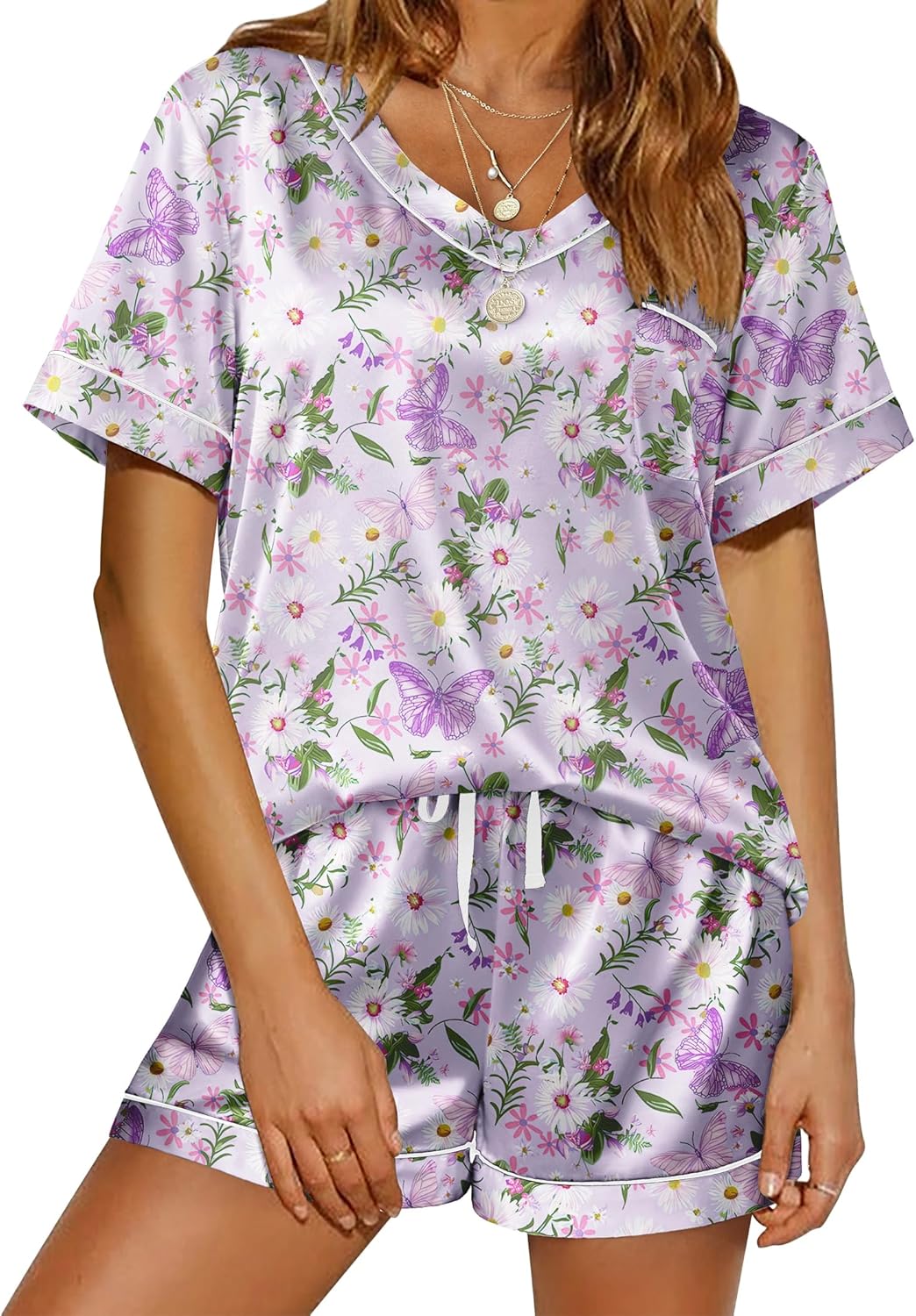 Ekouaer Silk Pajama for Women Short Sleeve Satin Pj Set Two Piece Soft Sleepwear Loungewear, S-XXL