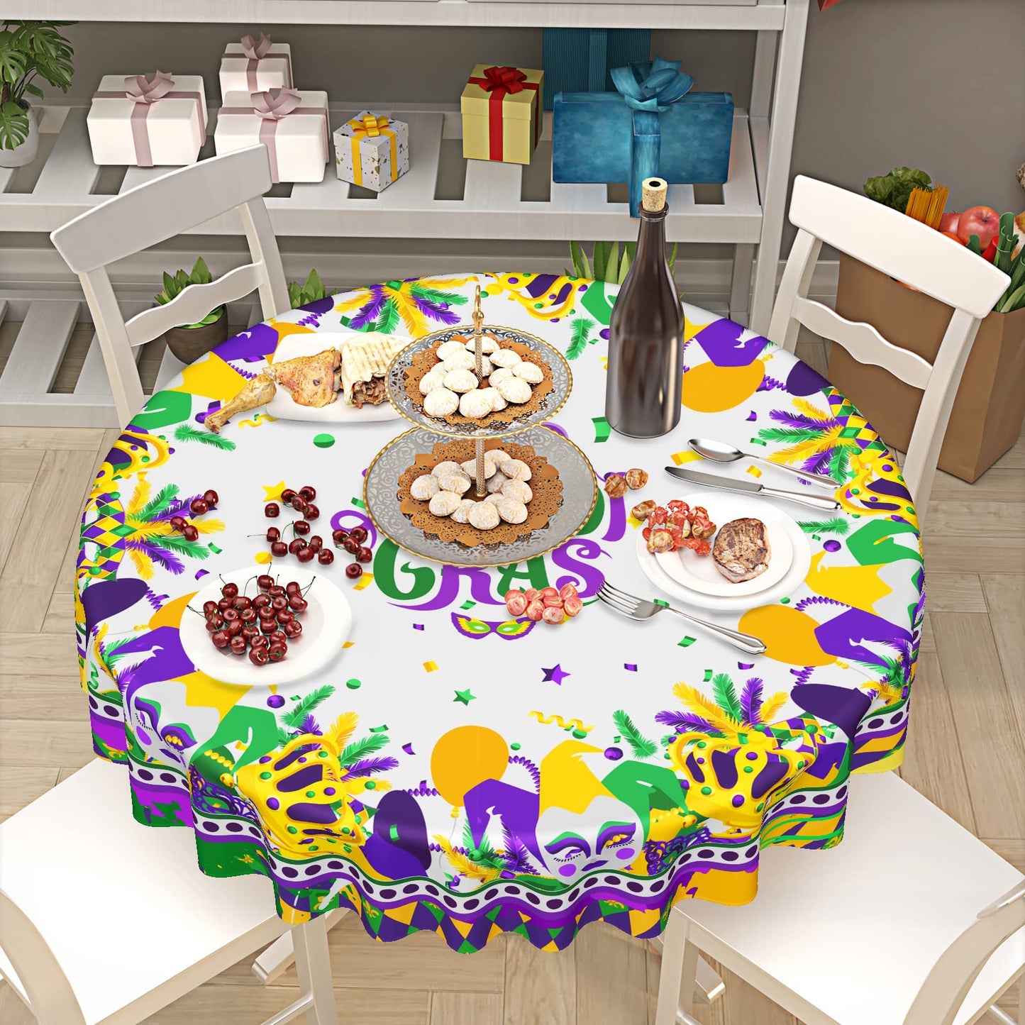 Giwawa Mardi Gras Round Tablecloth 60 Inch, Carnival Mask Balloon Table Cover Seasonal Festival Holiday Kitchen Dining Table Decoration for Indoor Outdoor Home Party Decor