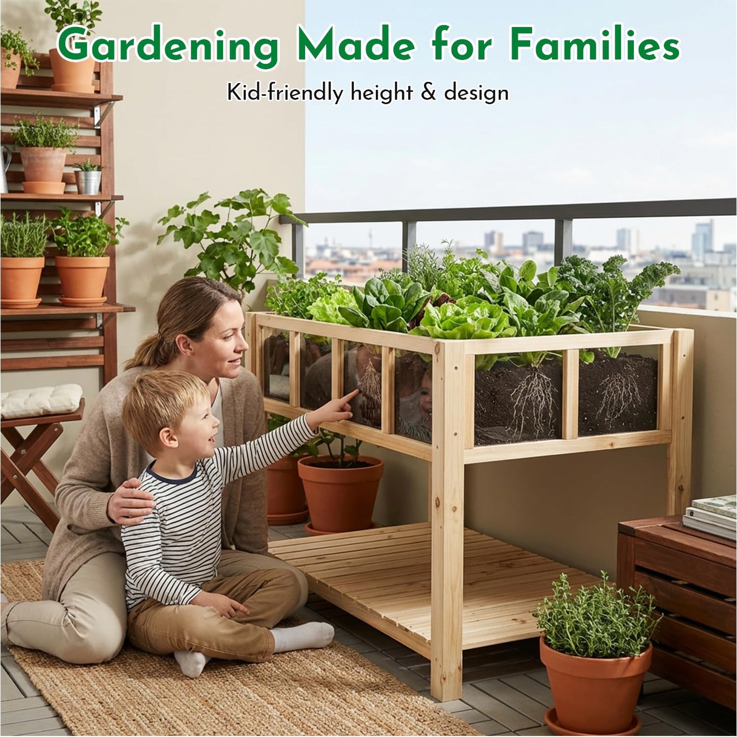 ketive Raised Garden Bed with Transparent Acrylic Panels, Elevated Wooden Raised Garden Bed Planter, Fir Wood Outdoor Planter Box for Herbs, Flowers & Patio Balcony Gardening (Natural)