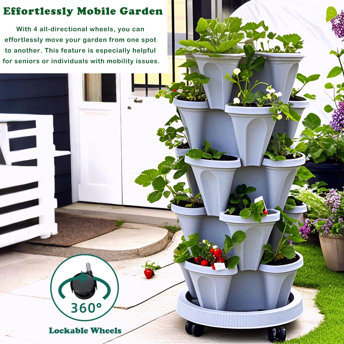 Lykvrii 7 Tiered Strawberry Planters 2 Pack, Vertical Stackable Planter, Herb Stacking Tower Garden, Flower and Vegetable Planters with Support Pole Indoor & Outdoor with Removable Wheels - White