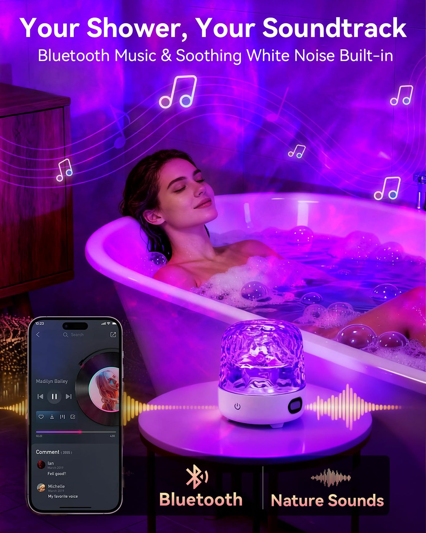 Shower Light with Bluetooth Speaker, Waterproof Shower Lamp with White Noise, 16 Colors Ocean Wave Projector Light with Remote & Touch Control, Music Lamps for Inside Shower Bathroom Bathtub