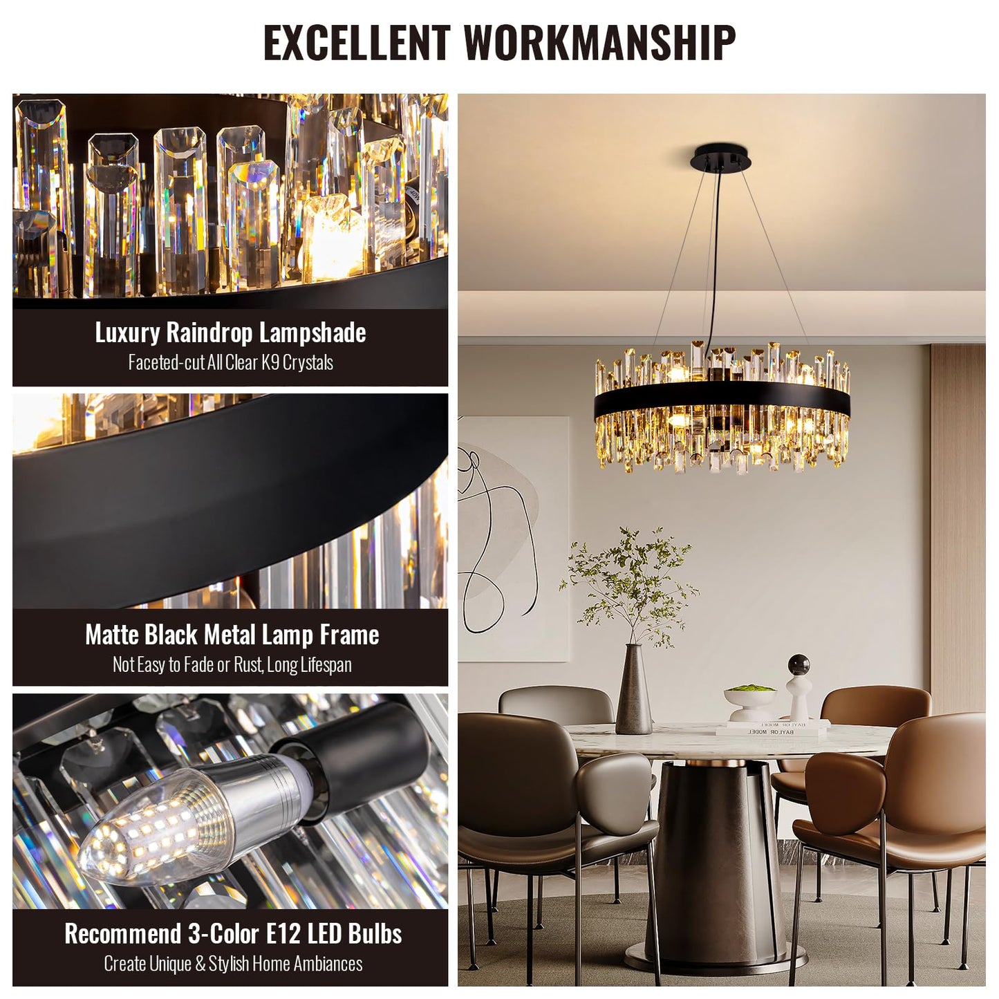 Siljoy 23.6'' Modern Crystal Chandelier, Luxury 2-Tiers Raindrop K9 Crystal Adjustable Flush Mount Hanging Ceiling Light for Dining Living Room Kitchen Entryway Foyer, E12 x 12, Matte Black