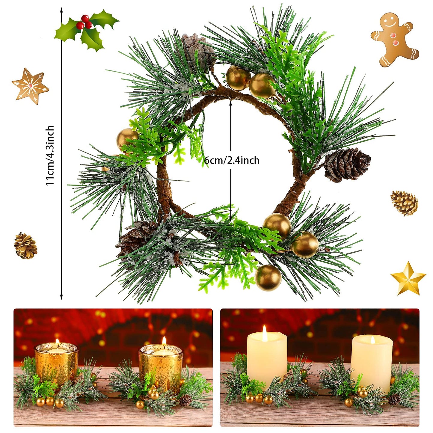 6 Pcs Christmas Candle Ring 4.7 Inch Mini Christmas Wreaths for Home Cabinets Artificial Berry Candle Rings with Pine Cones Small Wreaths for Home, Wedding, Christmas Holiday Table Decoration