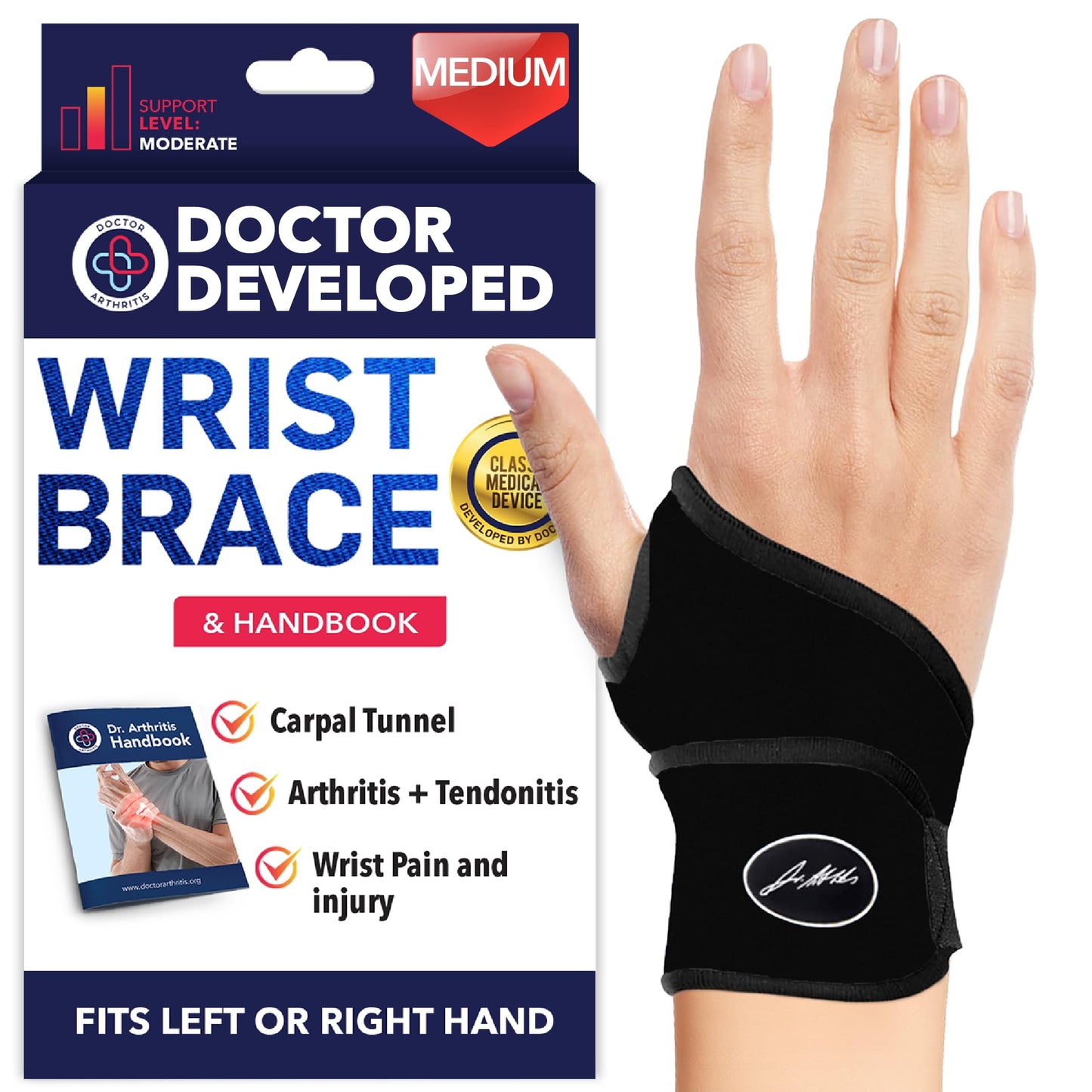 Doctor-Developed Wrist Brace & Essentials Cotton Gloves (Large, Navy) Bundle - Comfortable Hand Brace Support for Carpal Tunnel Relief, Tendonitis, and Everyday Use, Fits Left or Right Hand