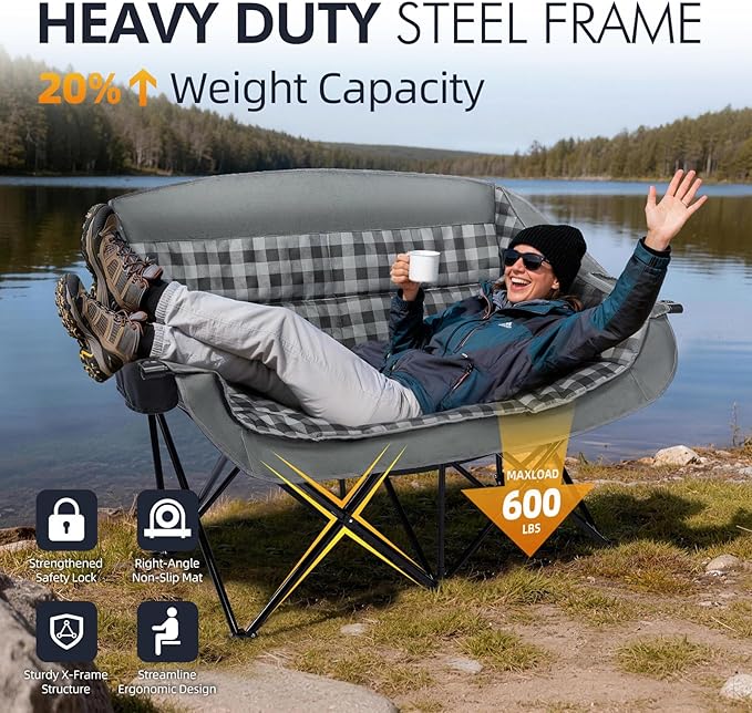 Double Camping Chairs Padded Loveseat Chair for 2 Person - Heavy Duty Oversized Camping Couch for Adults Outdoor Lawn Beach Portable Folding Sofa with Cup Holders Support 600lbs, Grey