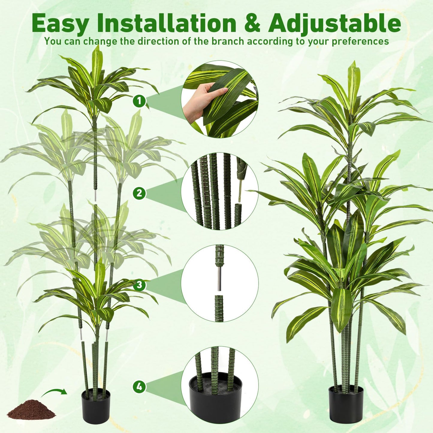 Giegxin 2 Pack 5 FT Artificial Dracaena Tree, Indoor Fake Tree with Black Stable Planter, Natural Wood Trunk & Lifelike Leaves Dracaena Plants for Home Living Room Porch Office Housewarming Gift
