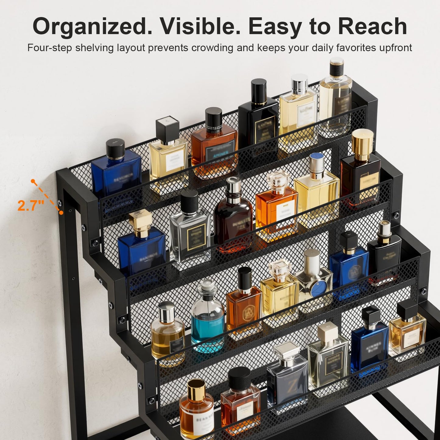 4-Tier Men's Cologne & Accessory Organizer with Drawer & Wheels, Sleek Industrial Wooden & Metal Perfume Display Rack for Cologne Bottles, Aftershave & Grooming Essentials, Multi-Functional Fragrance Storage Stand, Black