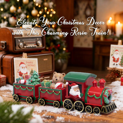 Hodao Christmas Train Decorations – Hand-Painted Resin Santa Claus Gift Train with Teddy Bear, Christmas Tree and Presents, Festive Ornament for Home, Tabletop, Shelf, Mantel, Décor