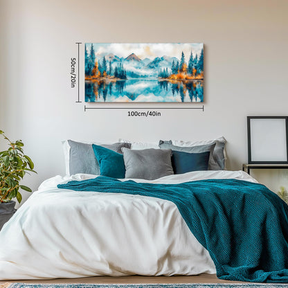 SLYCAY Large Mountain Wall Art Forest Landscape Prints, Blue Nature Scenery Lake Pictures Wall Decor Misty Forest Golden Painting Modern Artwork Living Room Bedroom Office 20"X40"