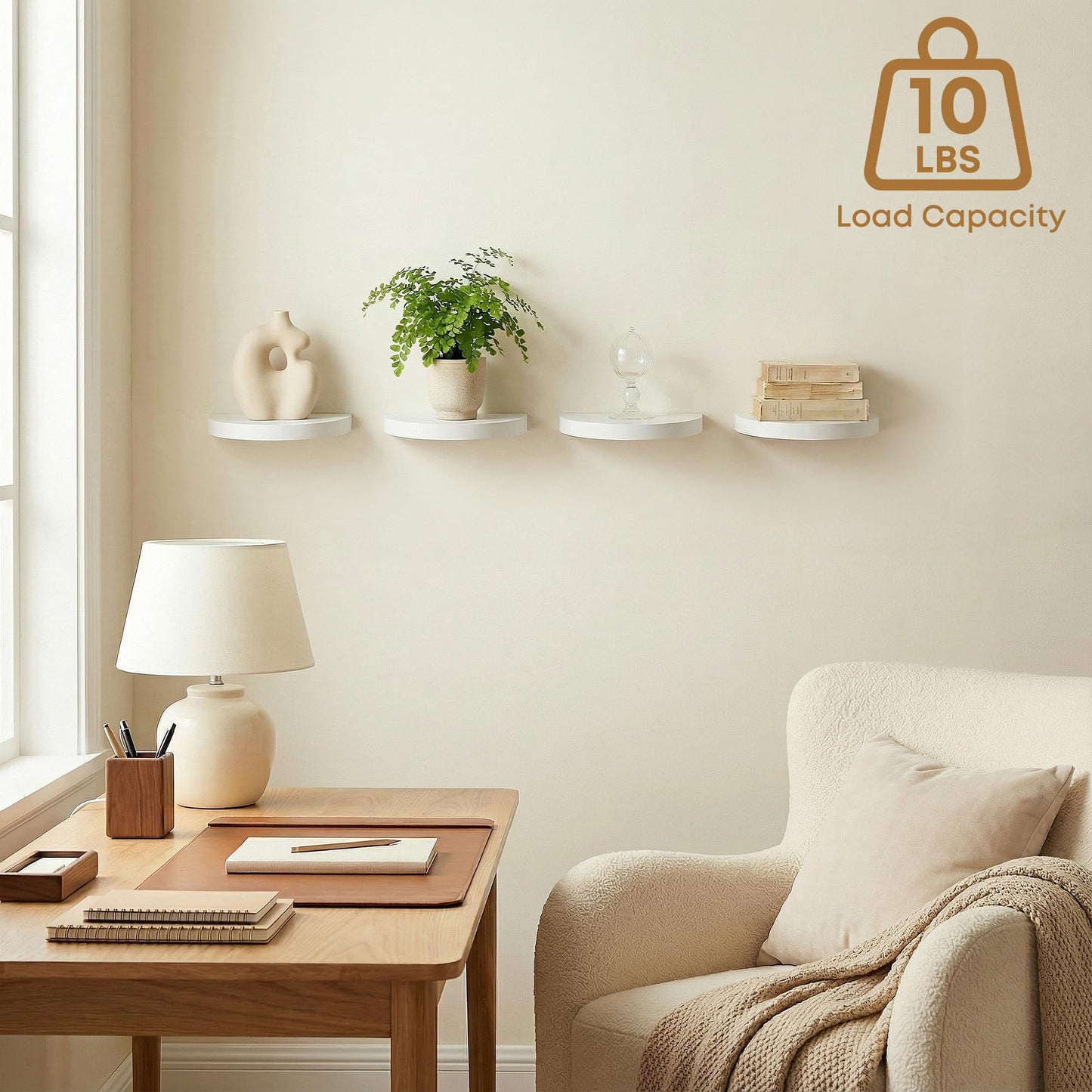 MITREL Small Wood Floating Shelves (4-Pack, 6-inch Diameter) - Round Sturdy Invisible Wall Mount Display for Small Plants,Toys,Bathroom,Living Room Storage & Modern Rustic Décor (White)