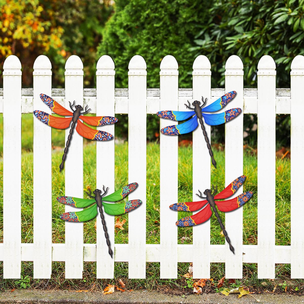 Metal Dragonfly Wall Decor, 4 Pack 13 inch Metal Dragonflies Wall Art Hanging Sculpture Decorations for Outdoor, Yard Patio Fence Garden Outside Decor