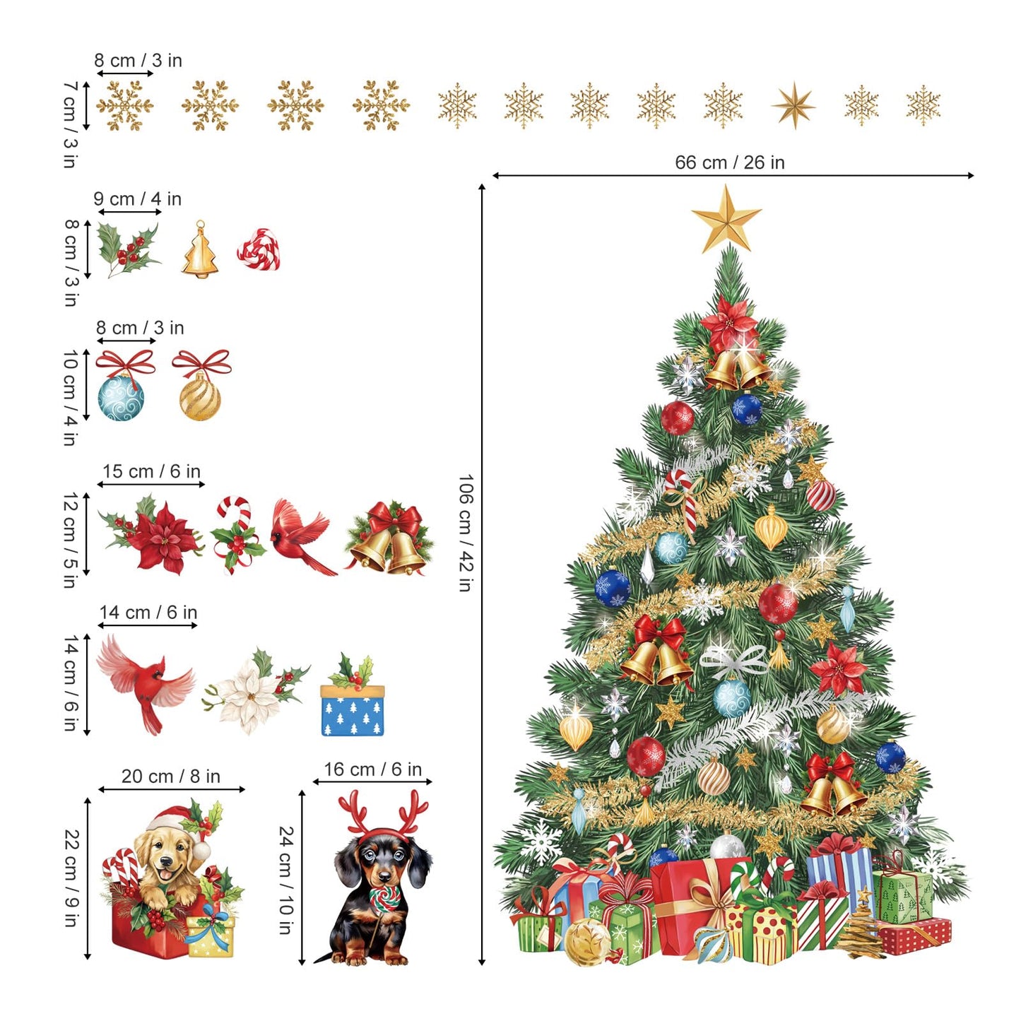 wondever Large Christmas Tree Wall Stickers Evergreen Tree Christmas Flowers Dogs Cardinal Birds Window Wall Art Decals for Christmas Party Window Xmas Home Party