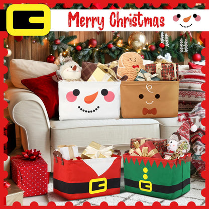 Wesnoy 4 Pcs Christmas Storage Bins 14.2 x 8.7 x 9.5 Inch Red Green Santa Claus Gingerbread Foldable Christmas Baskets for Gift Collapsible Xmas Organizer Cube Box with Handle for Office Home Bedroom