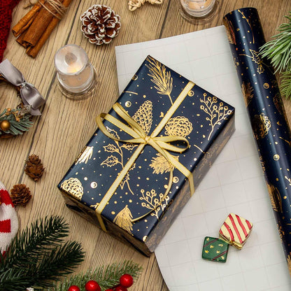 Homeral Christmas Wrapping Paper Roll-46.8 sq.ft. (17in x 33ft) Metallic Shine Navy Blue with Gold Pine Cone, Pine Twig for Christmas, New Year Celebration, Party, Holiday