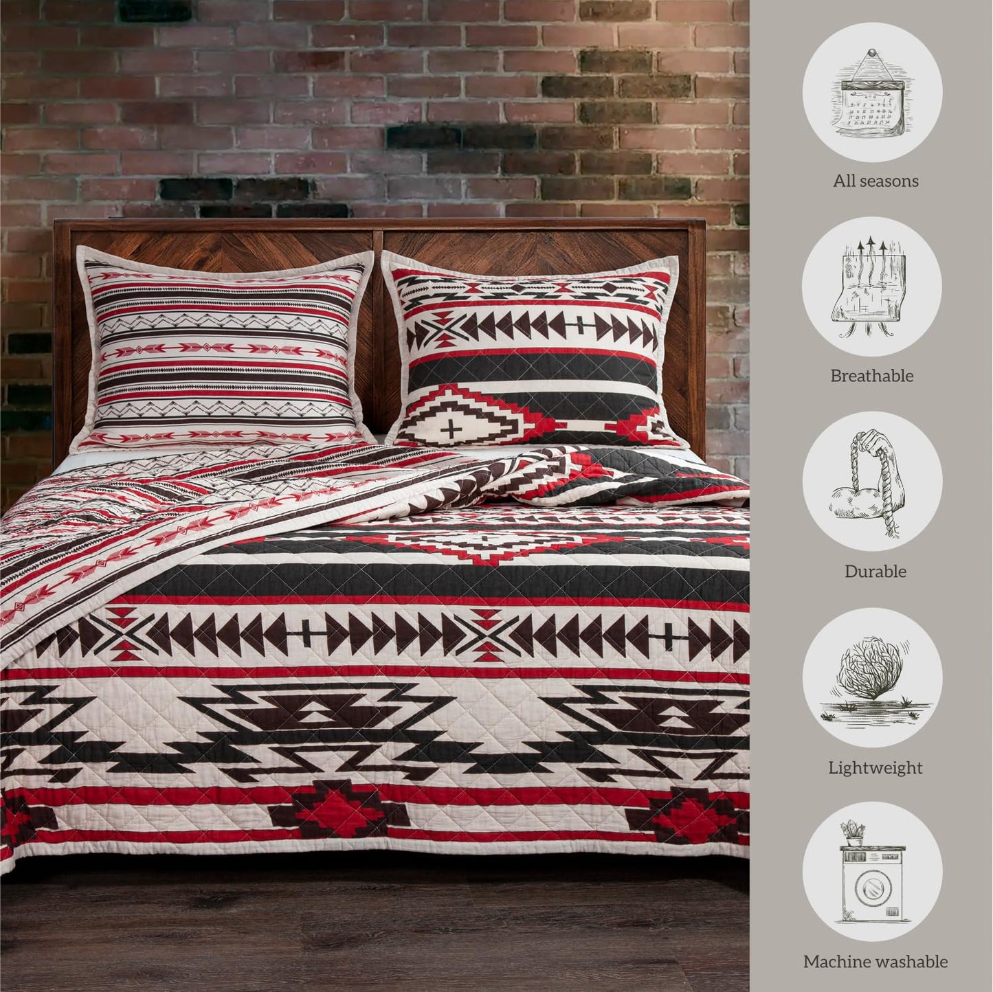 Paseo Road Cortez Western Bedding 3 Piece Quilt Set with Pillow Shams, King Aztec Bedding Set, White Red Gray Tribal Southwestern Bedding, Geometric Pattern Cotton Reversible Bed Set