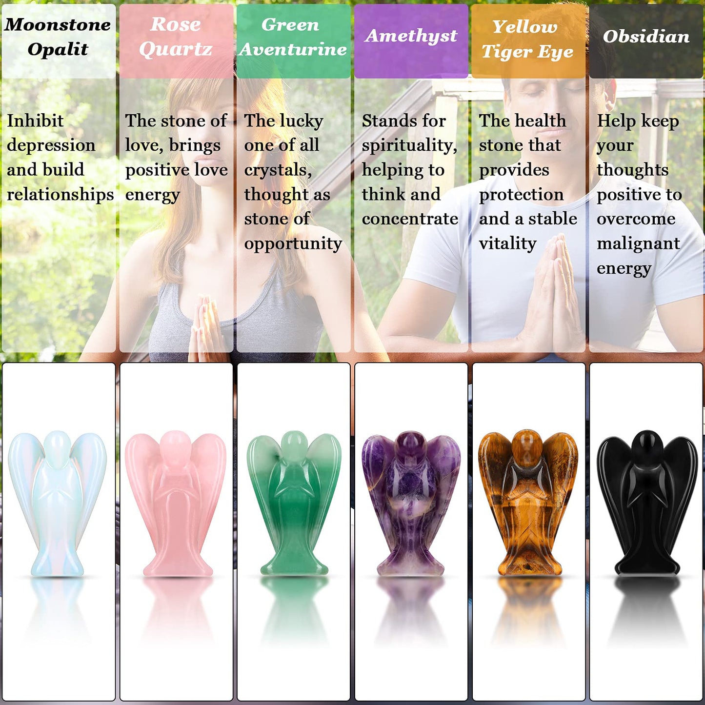 Hicarer 6 Pcs Small Crystal Angel Figurines Mini Guardian Statue Natural Gemstone Carved Pocket Crystal Figurines Stones Decor Gift Love Peace Healing(1.5 Inch,Bright Color)