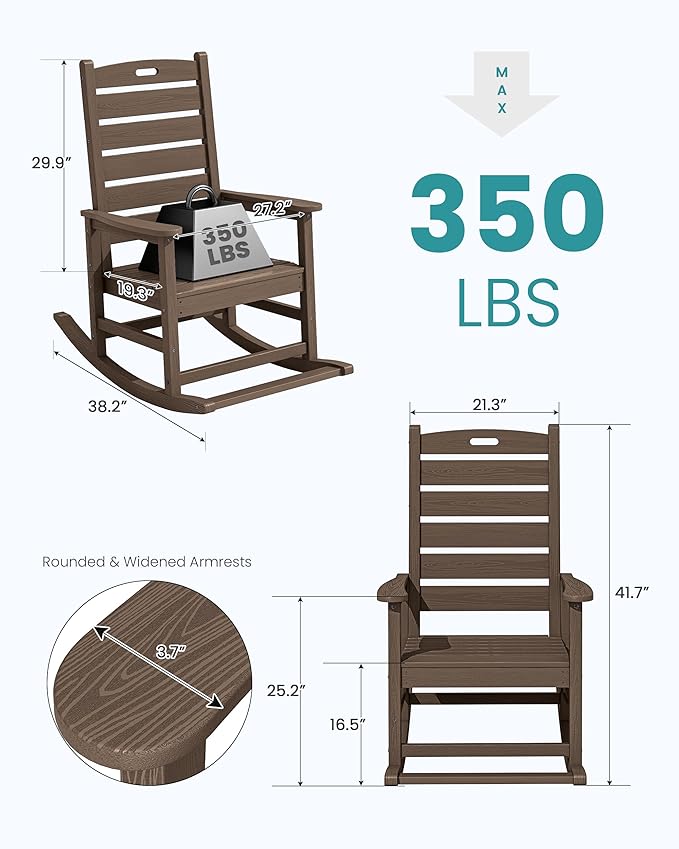 SERWALL Outdoor Rocking Chair Set of 2, Oversized Rocking Chair with Footboard for Adults, HDPE All Weather Resistant Rocking Chairs for Patio, 350lbs Weight Capacity,Coffee