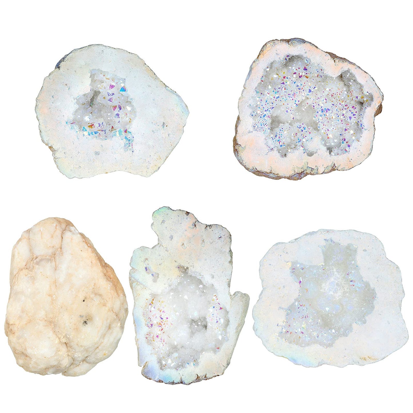 Rockcloud Titanium Coated Crystal Geode Mineral Specimen Irregular Reiki Crystal Stone for Home Office Decoration, White AB Crystal