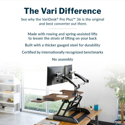 Vari VariDesk Pro Plus 36 Standing Desk Converter – 11 Height Settings + Spring Lift, 2 Tier Design, Keyboard Tray, Fits Desktops 36” Wide x 26.5" Deep – Delivers Fully Assembled (Walnut)