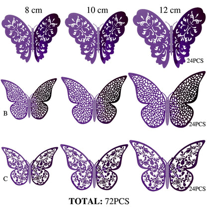 Bememo 72 Pieces 3D Butterfly Wall Decals Sticker Decal Wall Decor Art Decorative Sticker 3 Sizes for Room Offices Bedroom Bathroom Living Room Decor(Purple)