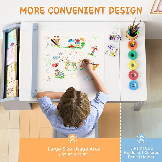 5-in-1 Kids Art Table and Chairs, Wood Toddler Table and Chair Set