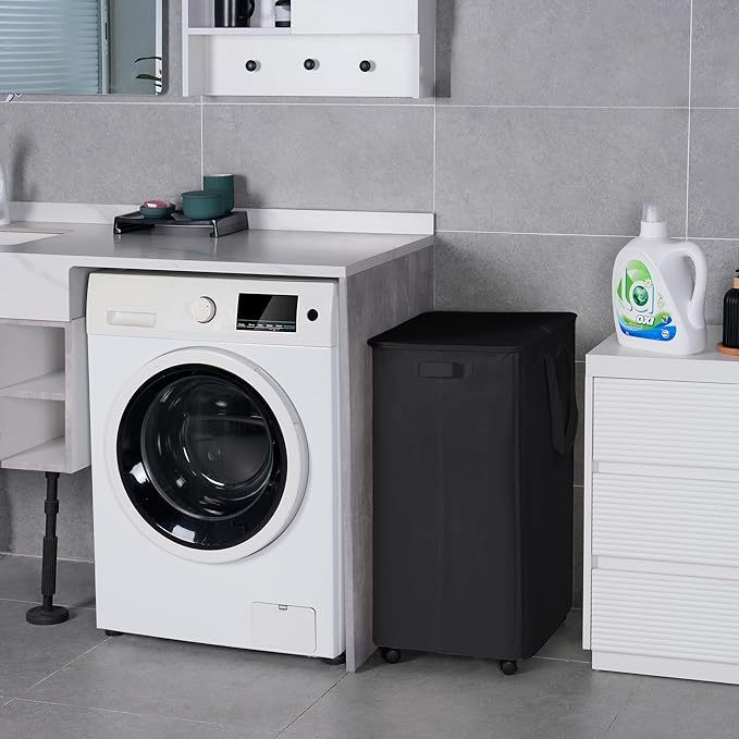 Slim Laundry Hamper with Lid and Wheels, Small Rolling Laundry Basket with