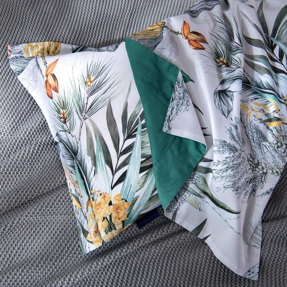 MILDLY 100% Long Staple Cotton King Duvet Cover 3 Pieces Set Summer Tropical Plantain and Floral Pattern Comforter Cover Set