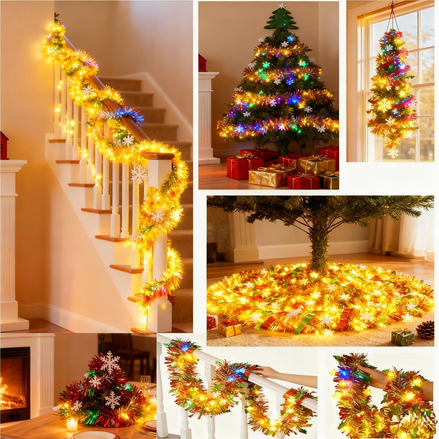 LKBBC Christmas Tinsel Garland with Light, 50 FT Metallic Tinsel Twist Garland Shiny Hanging Decor for Home Window Fireplace Indoor Outdoor, Xmas Ornaments Christmas Tree Decoration,Green Red