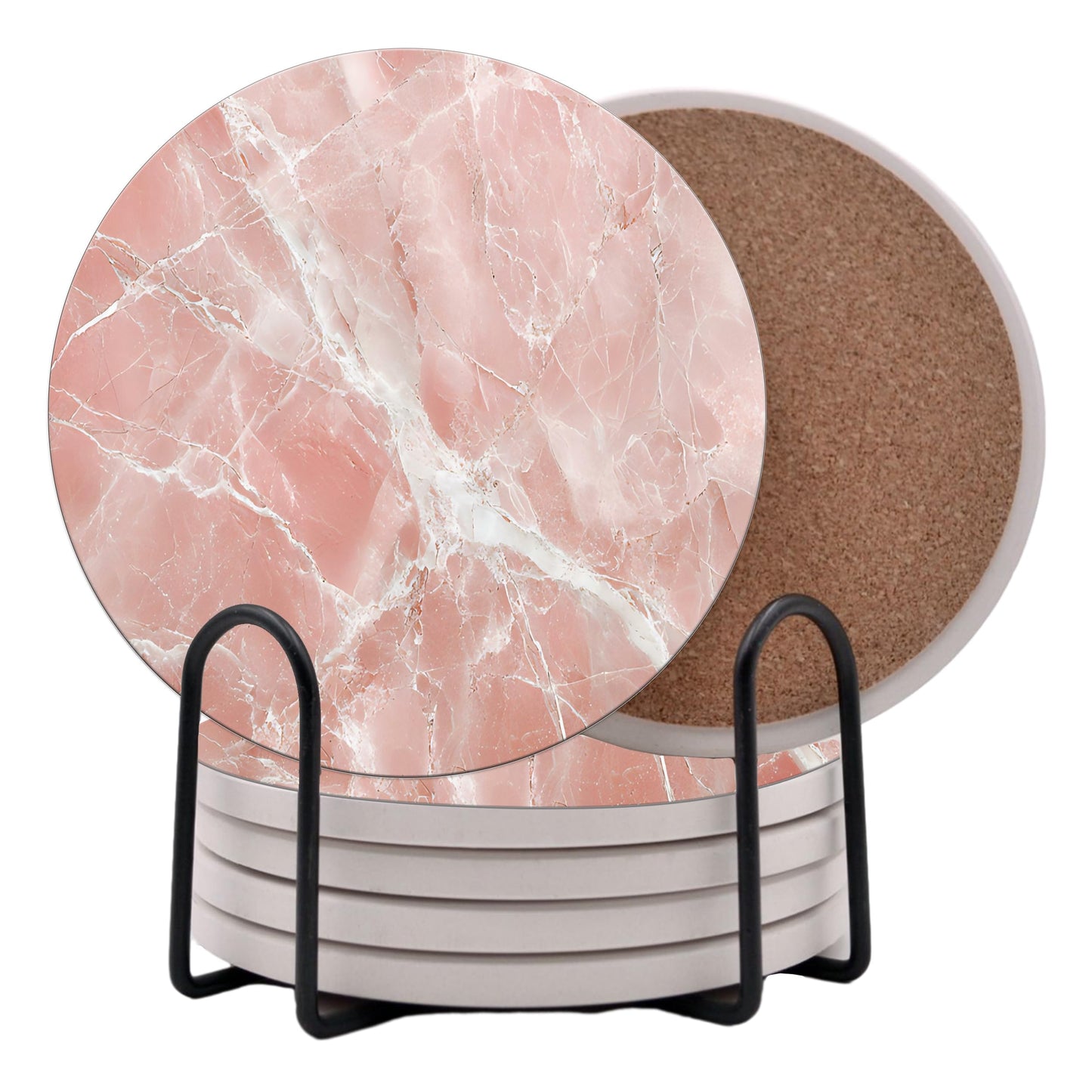 Pink Rose Quartz Agate Marble Round Coasters Set of 6 - Abosrbent Ceramic Coasters with Metal Stand for Drinks, Coffee, Non-Slip Cork Back Tabletop Protection, 4 Inches Marbled Pattern (White Pink)