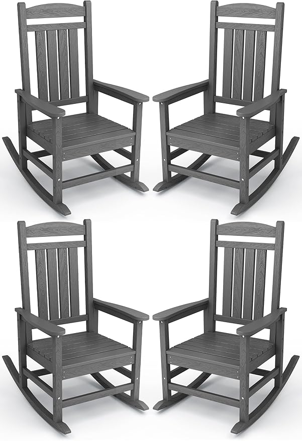 KINGYES HDPE Patio Rocking Chair Set of 4, Outdoor Rocking Chairs Porch Rocker for Adults, Grey