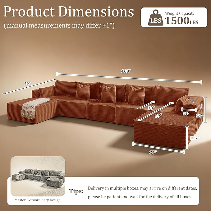 168" Cloud Sectional Couch, Comfort U Shaped Sofa