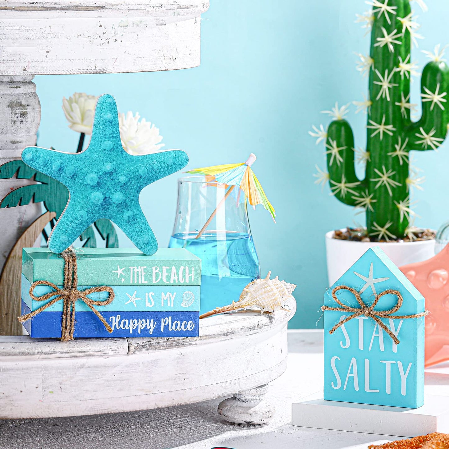 Blulu 5 Pcs Summer Beach Wooden Tabletop Decor, Coastal Ocean Blue Decorations for Home, Wood Starfish Decor, Stay Salty House Signs & Faux Book Stack, Nautical Table Centerpieces for Bedroom Desk