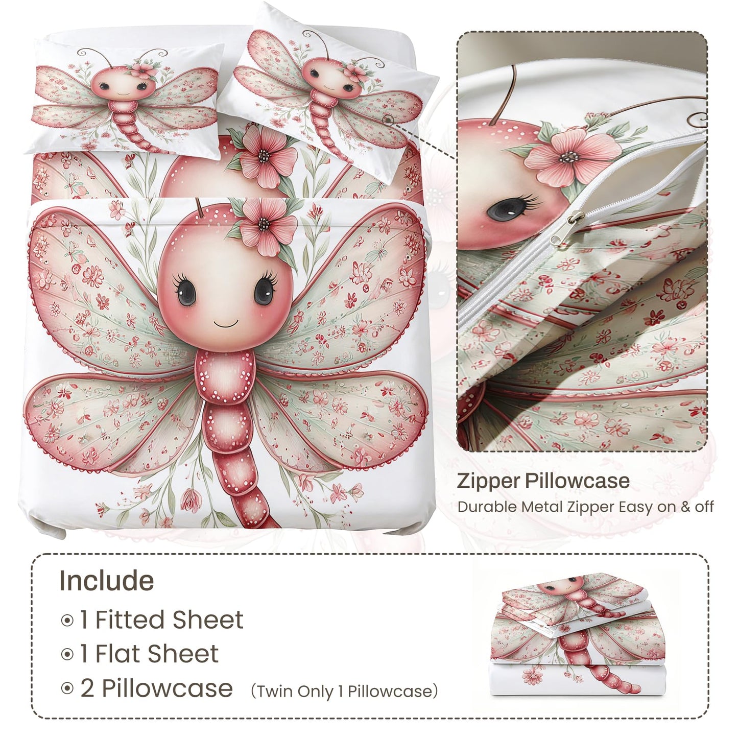 Cute Dragonfly King Bedding Set Girls Kawaii Sheet Sets