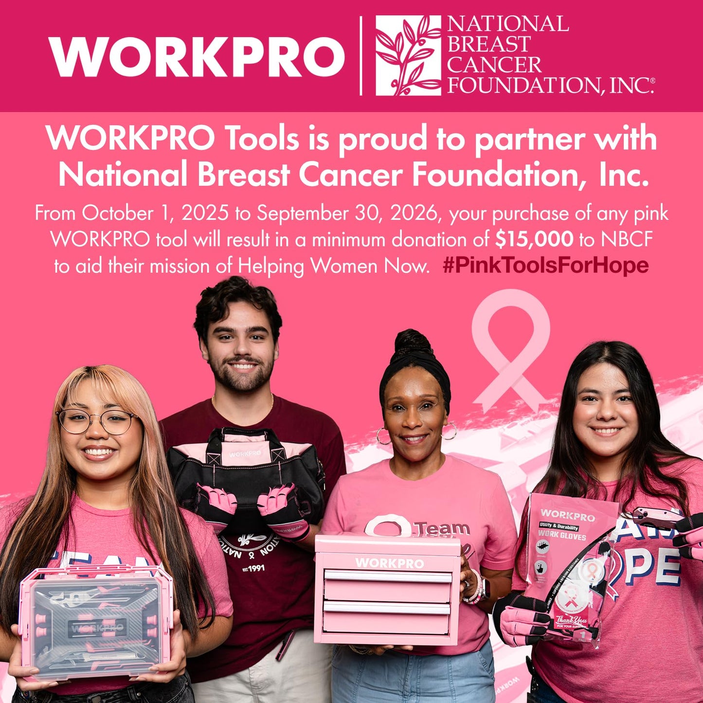 WORKPRO 13-Inch Tool Bag, Pink Soft Cloth Tool Storage Bags, Wide Mouth Tool Tote Bag with Inside Pockets - Pink Ribbon