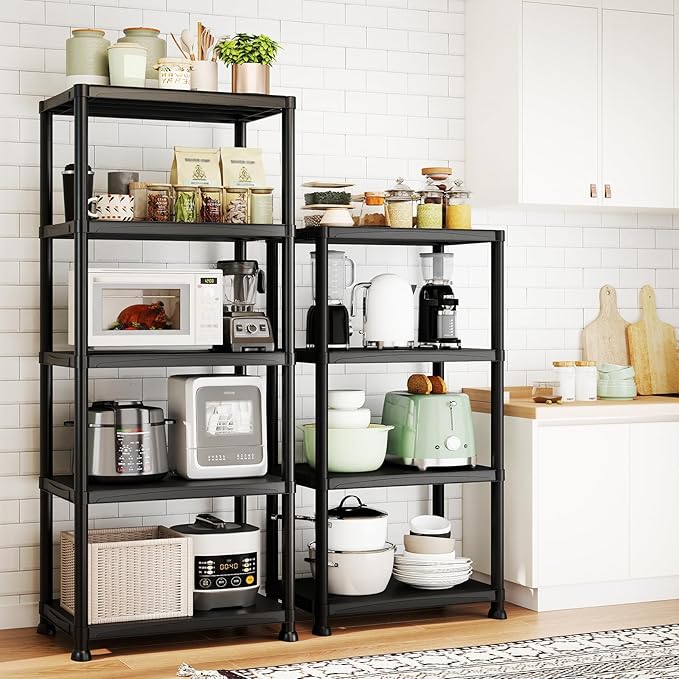 Plastic Storage Shelves, 70.2" H x 11.8" D x 23.62" W Plastic Shelves for Storage, 5-Tier Shelving Unit, Storage Rack, 330 lbs, Bathroom, Laundry, Garage & Home