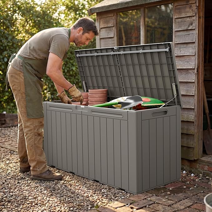 Greesum 110 Gallon Outdoor Storage Box with Lockable Lid, All-Weather Solution for Patio Furniture, Pool Supplies & Garden Tools, Waterproof, UV-Resistant Large Deck Box, Light Coffee