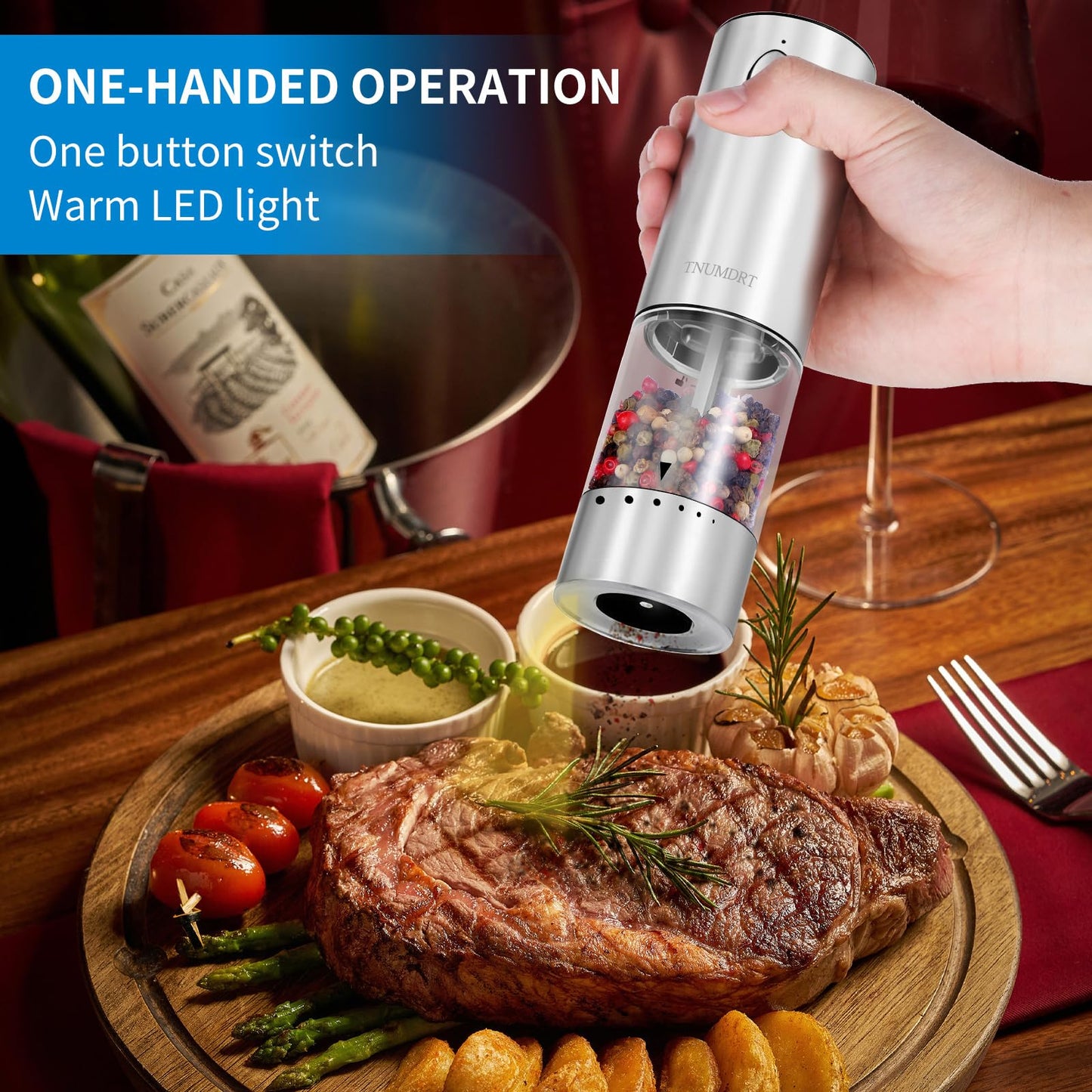 Electric Salt and Pepper Grinder Set Stainless steel,Large Capacity Automatic Pepper Mill Grinder with Upgraded Rechargeable Base and LED Light, Variable Grinding Speed, External Adjustable Coarseness
