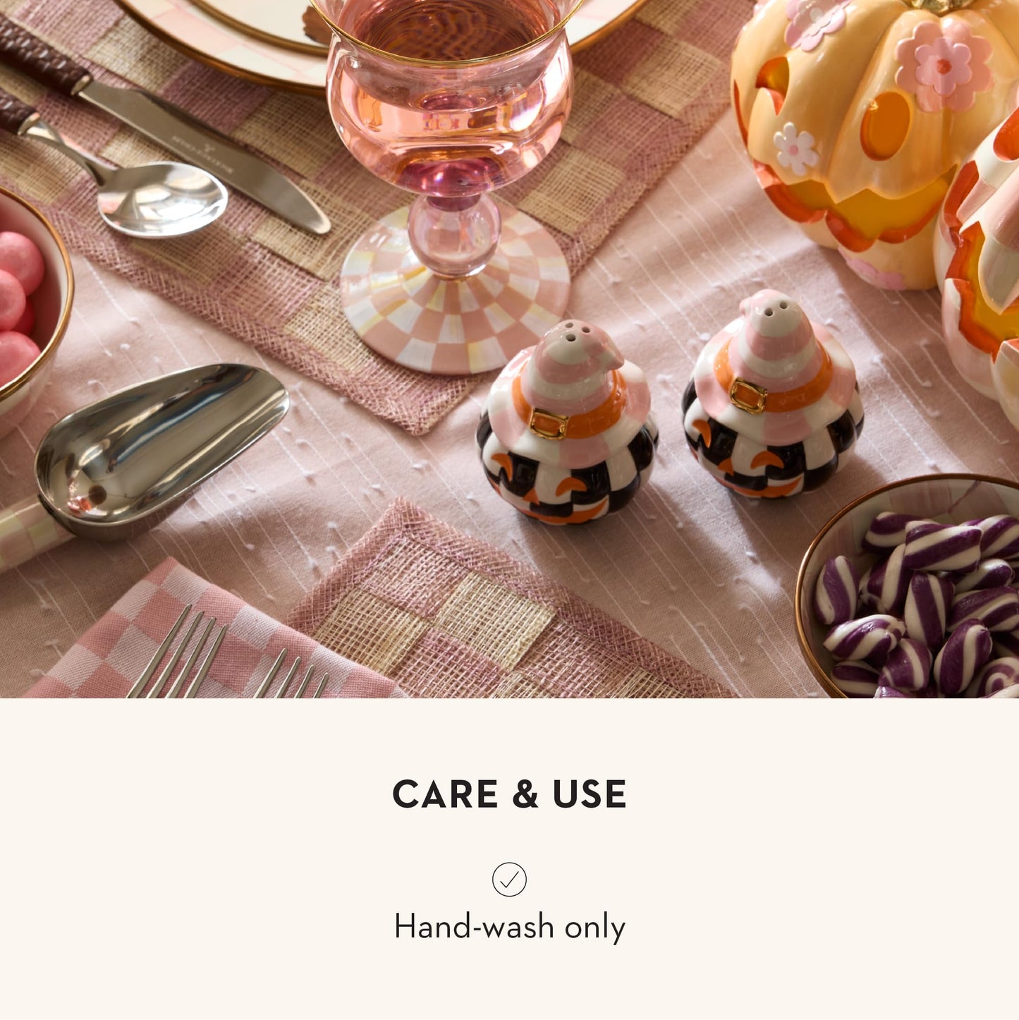 MACKENZIE-CHILDS Salt and Pepper Shaker Set, Ceramic Salt and Pepper Holders, Trick or Treat Happy Jack
