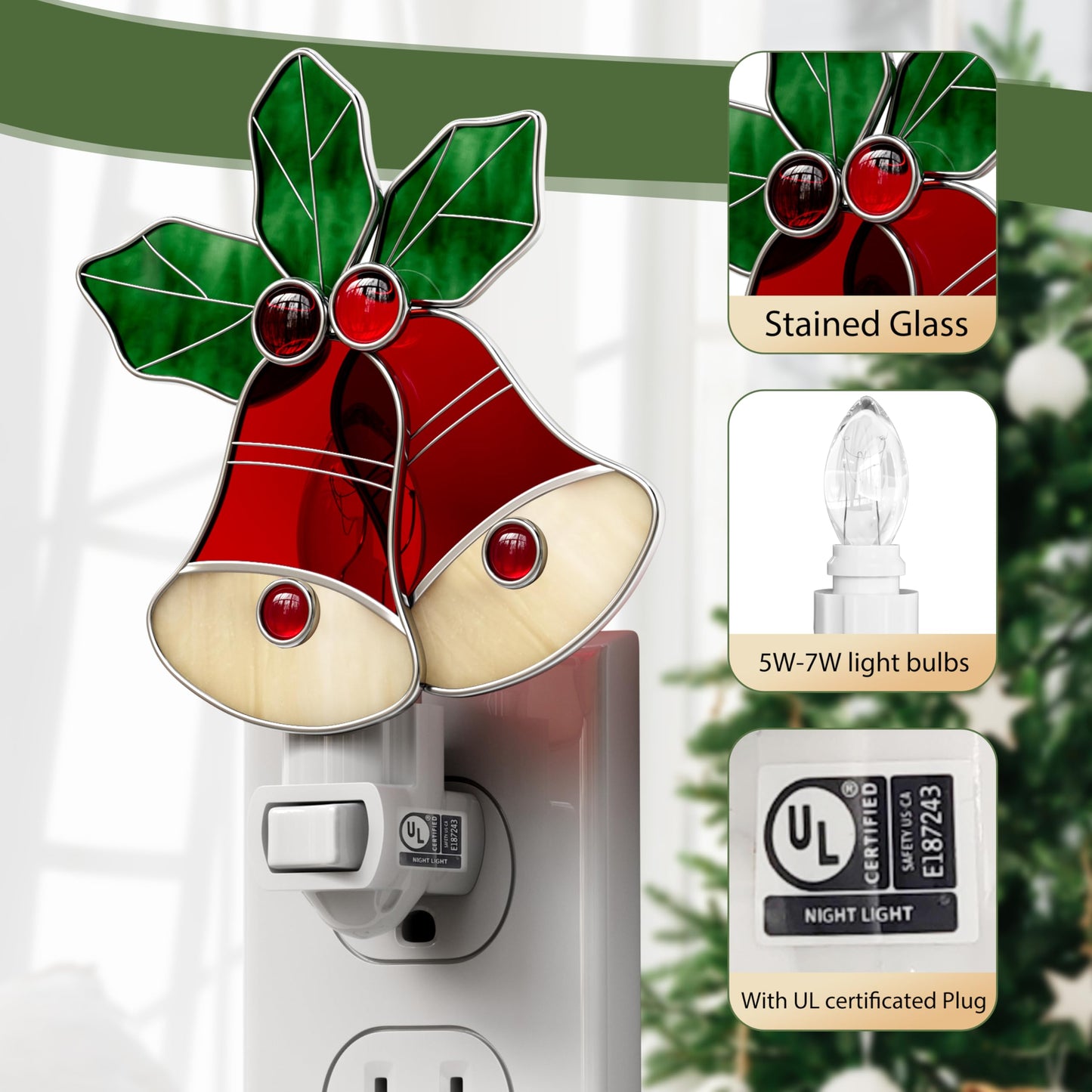 KUNDGLA Night Lights Plug into Wall Christmas Red Bell Stained Glass Night Light Plug in 7W Dusk Warm White Light Switch-On/Off for Adult Kids Room Bathroom Home Decor Gifts for Mom Grandkids